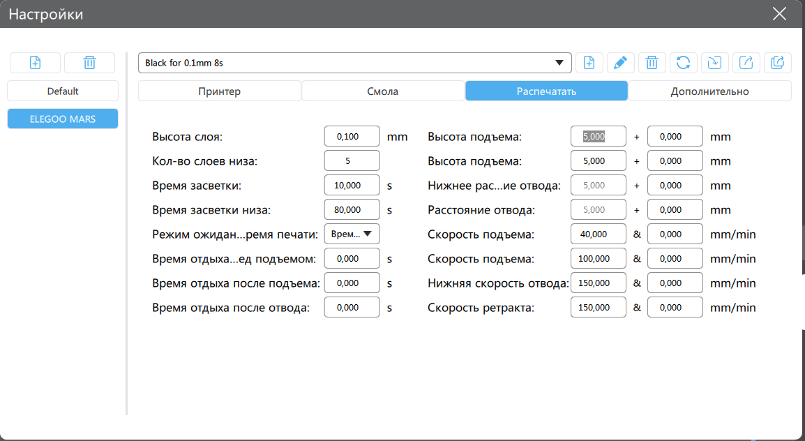 Таблица настроек chitubox для печати смолой anycubic black на elegoo